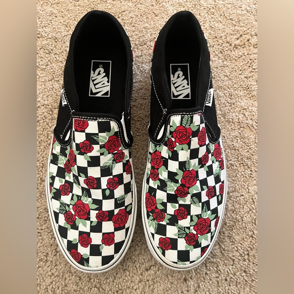 Vans Black and White Checkerboard Asher Red Rose Slip-Ons